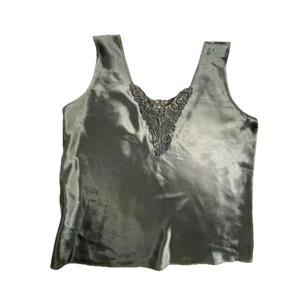 Vintage Escapades Camisole Top Womens Medium Black Satin Lace Trim Sleeveless